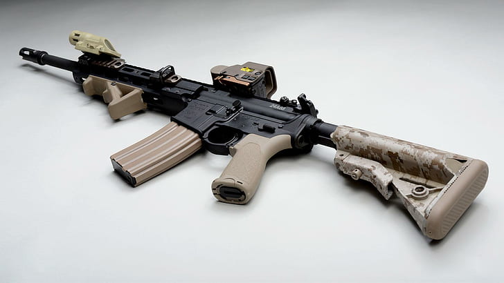 Automatic AR-15 Assault rifle, black and brown assault rifle, photography, 1920x1080, rifle, ar-15, HD wallpaper