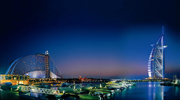 Городской пейзаж, Бурдж Аль Араб, 4K, Ночь, Jumeirah Beach Hotel, Дубай, HD обои