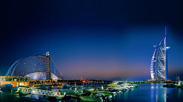 Dubai, Jumeirah Beach Hotel, Burj Al Arab, Cityscape, Night, 4K, HD wallpaper