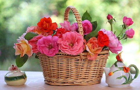 bouquet of flowers, roses, flowers, basket, table, blur, china, HD wallpaper HD wallpaper