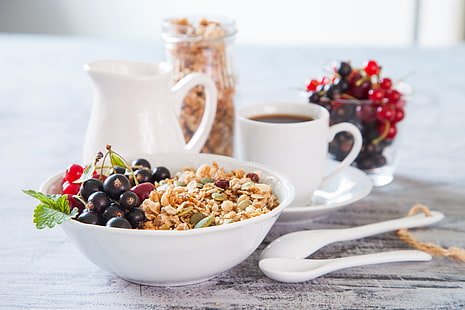 Food, Breakfast, Berry, Coffee, Muesli, Still Life, HD wallpaper HD wallpaper