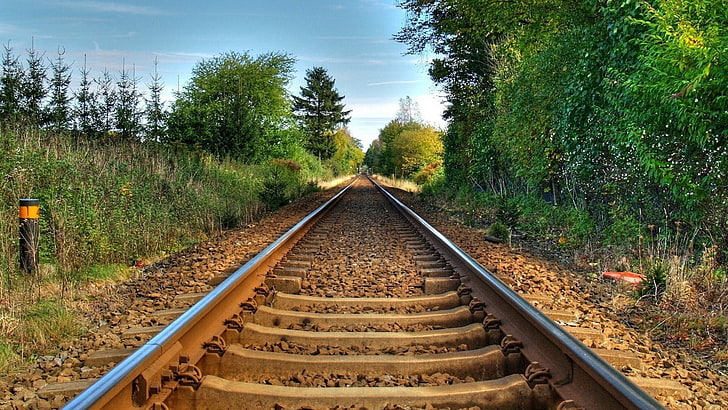 коричневый поезд железная дорога, пейзаж, железная дорога, HD обои