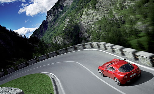 Alfa Romeo 8C Competizione, red coupe, Cars, Alfa Romeo, Nature, red car, alfa romeo 8c competizione, HD wallpaper HD wallpaper