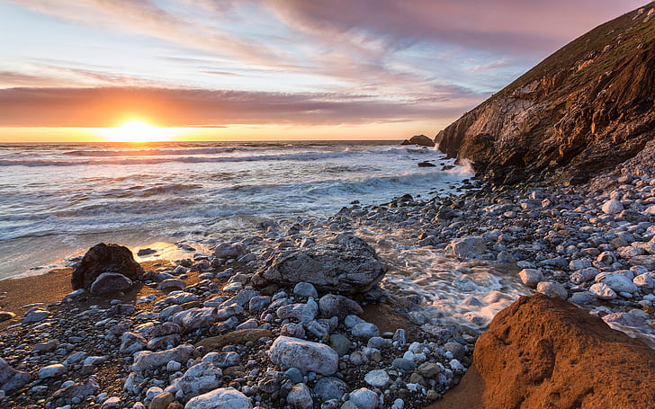 Sunset Beach Ocean Rocks Stones Coast HD, nature, ocean, sunset, beach, rocks, stones, coast, HD wallpaper