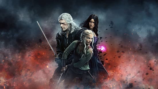 The Witcher (serie TV), gruppo di persone, Geralt di Rivia, Cirilla Fiona Elen Riannon, Yennefer di Vengerberg, Henry Cavill, Anya Chalotra, Freya Allan, spada, Sfondo HD HD wallpaper