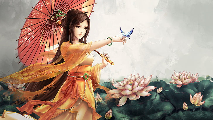 Manga, Schmetterling, Regenschirm, Asiat, Anime-Mädchen, Anime, Fantasiekunst, Fantasiemädchen, HD-Hintergrundbild