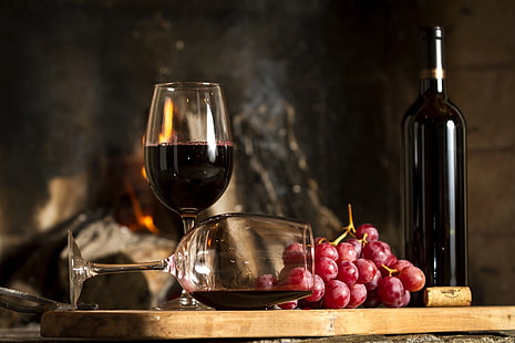 copa de vino clara, vino, rojo, botella, copas, uvas, tablero, Fondo de pantalla HD HD wallpaper