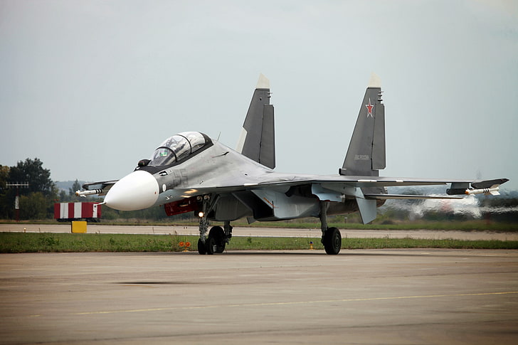 avião de caça a jato cinza e branco, o avião, lutador, super manobrável, seco, força aérea russa, multifunções, Su-30CM, MAKS-2013, HD papel de parede