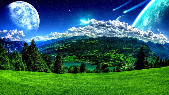 cielo, natura, verde, atmosfera, giorno, montare scenario, erba, prateria, fantasy art, luna, fenomeno, prato, paesaggio, pianeta, Sfondo HD HD wallpaper