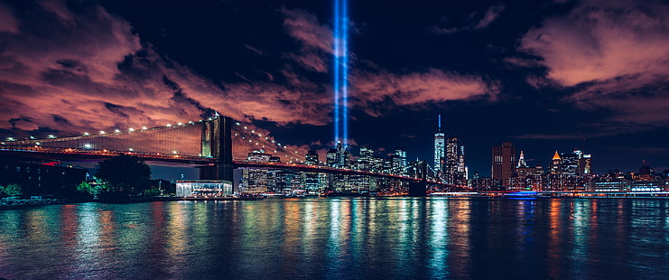 kahverengi asma köprü, ufuk, New York City, gece, gece gökyüzü, şehir ışıkları, HD masaüstü duvar kağıdı HD wallpaper