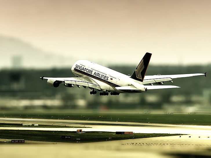 Самолет Singapore Airlines, неглубокий фокус белого и черного самолета, самолет, сдвиг наклона, пассажирский самолет, A380, Airbus, самолет, транспортное средство, Сингапур, фото манипуляции, HD обои