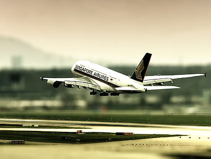 Singapore Airlines airplane, shallow focus of white and black airplane, airplane, tilt shift, passenger aircraft, A380, Airbus, aircraft, vehicle, Singapore, photo manipulation, HD wallpaper HD wallpaper
