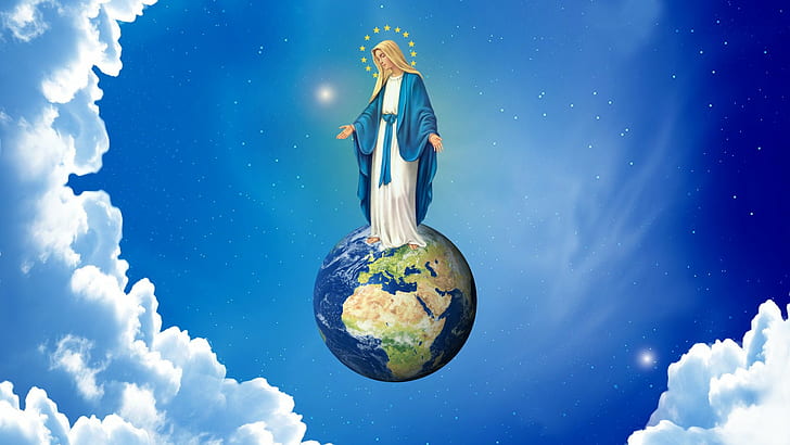 vergine maria cielo nuvole opere d'arte cristianesimo unione europea, Sfondo HD