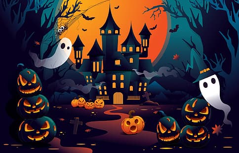  pumpkin, ghost, bats, Halloween, HD wallpaper HD wallpaper