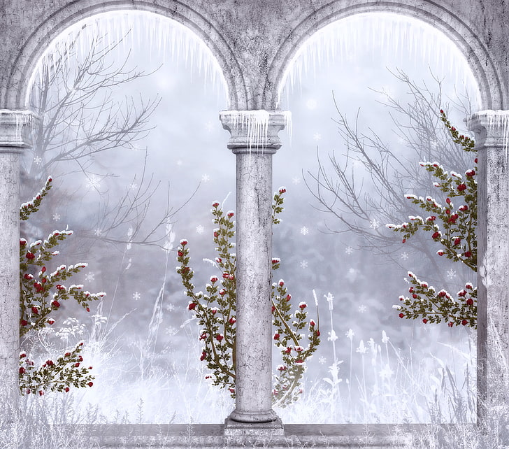 pedestal column clip art, winter, snowflakes, Gothic, icicles, columns, ruins, HD wallpaper