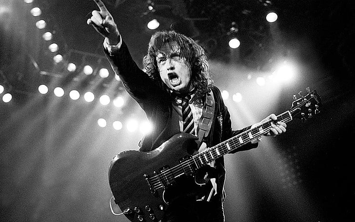 man playing guitar in stage, AC/DC, Angus Young, HD wallpaper