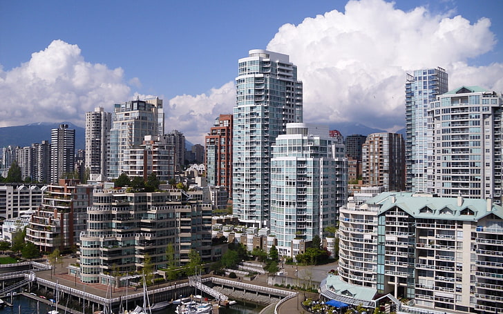 сиви високи сгради, Ванкувър, градски пейзаж, сгради, небостъргачи, HD тапет