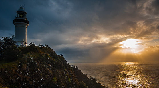 Faroé, luz solar, oceano atlântico, farol, ilha, HD papel de parede HD wallpaper