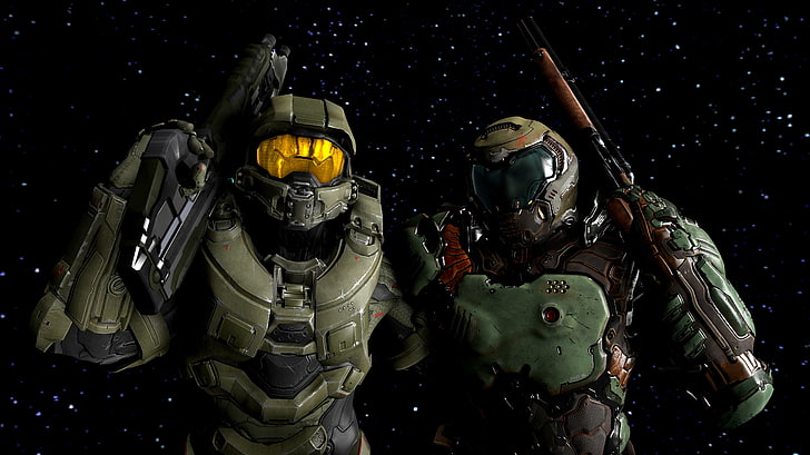 два персонажа в коричневых бронированных костюмах с цифровыми обоями, Source Filmmaker, Halo 5: Guardians, Master Chief, Doom 4, Doom (игра), HD обои