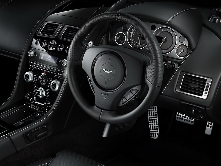 black steering wheel, aston martin, db9, 2010, black, salon, interior, steering wheel, speedometer, HD wallpaper