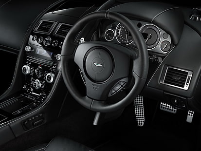 black steering wheel, aston martin, db9, 2010, black, salon, interior, steering wheel, speedometer, HD wallpaper HD wallpaper