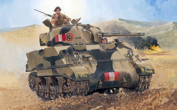 갈색과 검은 색 전쟁 탱크, 예술, 탱크, 제 2 세계, 전투, 미국, 영국, 평균, 셔먼, WW2., 주요, 서비스, Mk-3, 영국, HD 배경 화면