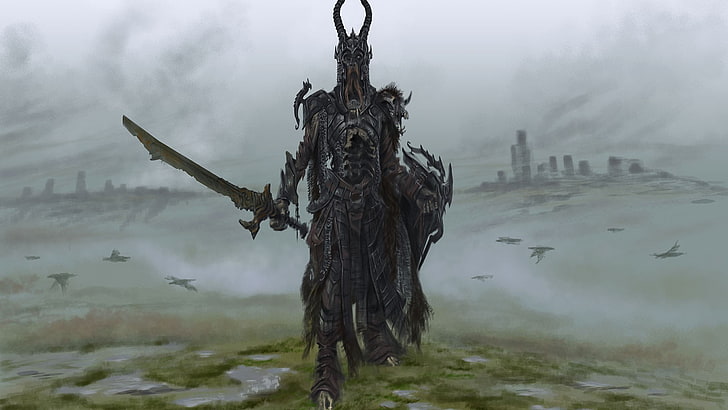karakter bertanduk memegang ilustrasi pedang, video game, The Elder Scrolls V: Skyrim, warrior, draugr, Wallpaper HD