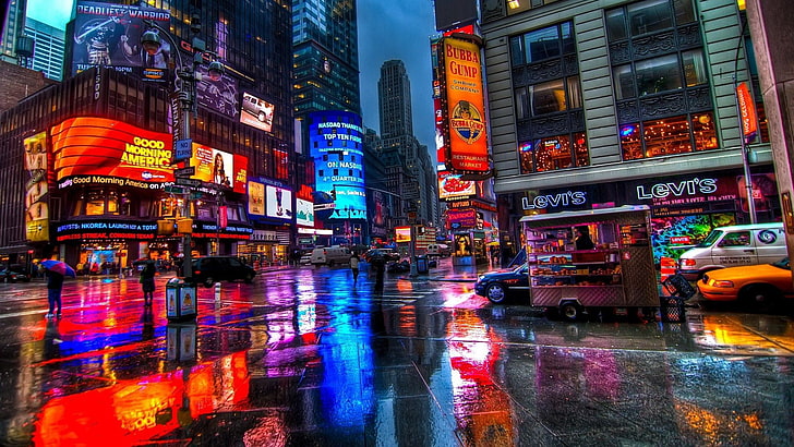 orange and red signage, New York City, Time Square, rain, colorful, lights, car, New York Taxi, HD wallpaper