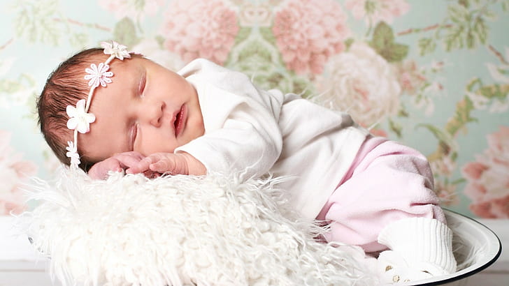 anak-anak, bayi, karangan bunga, tidur, Wallpaper HD