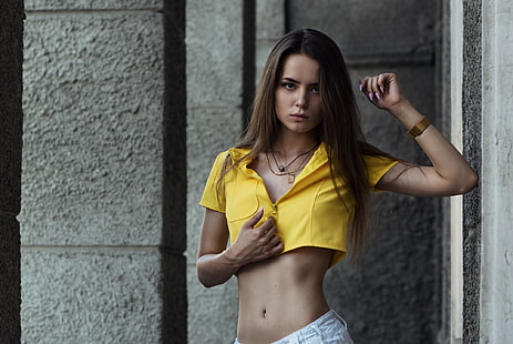 girl, Model, long hair, brown hair, brown eyes, photo, lips, face, brunette, belly, necklace, tummy, shirt, hips, portrait, navel, mouth, looking at camera, zipper, flat belly, straight hair, looking at viewer, HD wallpaper HD wallpaper