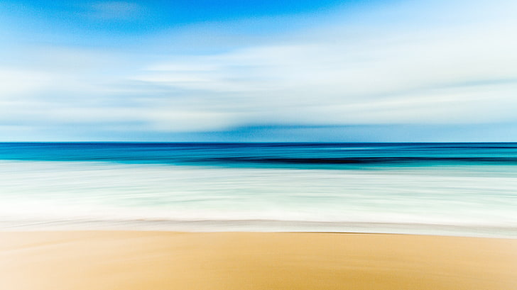 берег моря, вода, природа, пляж, море, горизонт, длинные выдержки, голубой, желтый, песок, HD обои