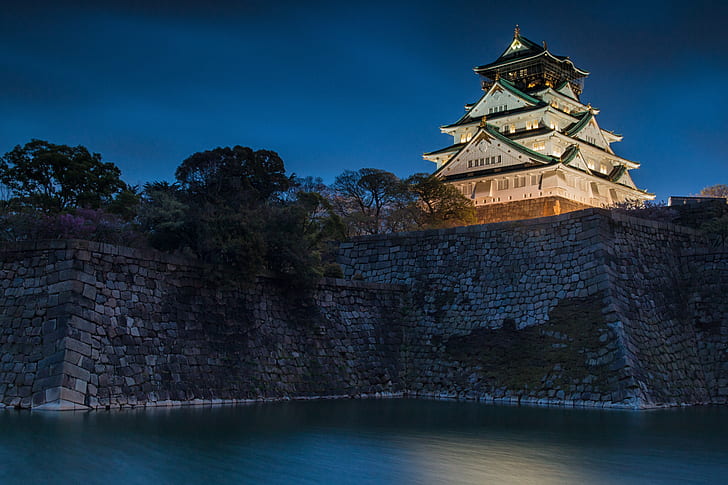 вода, нощ, замък, Япония, Осака, канавка, могила, замък Осака, HD тапет