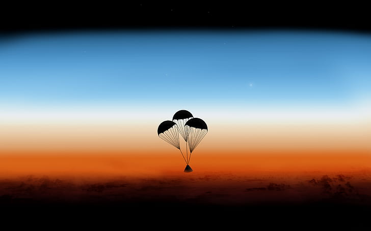 Upon Descent, noir, bleu, marron, illustration numérique, paysage, mars, orange, parachutes, planètes, espace, vaisseaux spatiaux, Fond d'écran HD