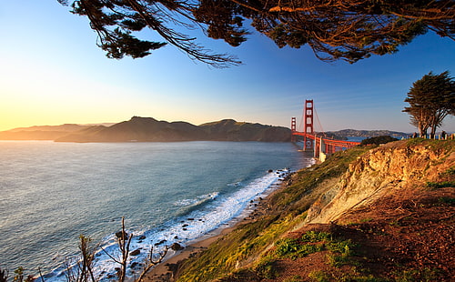 ظهر البوابة الذهبية ، جسر البوابة الذهبية ، سان فرانسيسكو ، الولايات المتحدة ، كاليفورنيا ، منظر طبيعي ، ذهبي ، بعد الظهر ، بوابة ، سان فرانسيسكو ، البوابة الذهبية، خلفية HD HD wallpaper