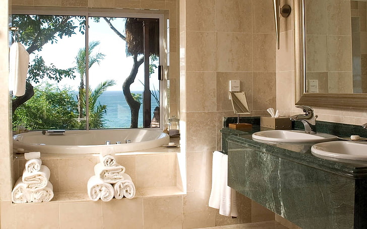 weiße und grüne Badezimmermöbel digitale Tapete, Bad, Waschbecken, Möbel, Handtuch, HD-Hintergrundbild