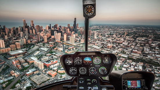 panel deski rozdzielczej samolotu, miasto, samolot, pejzaż miejski, kokpit, Tapety HD HD wallpaper