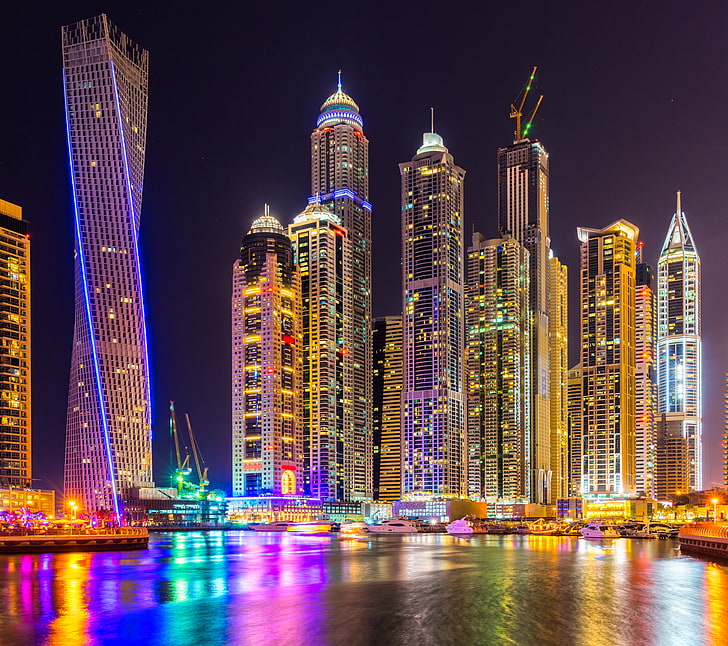 bangunan kota terang, kota, lampu, warna-warni, Dubai, malam, gedung pencakar langit, bangunan, kemegahan, emirat arab, Wallpaper HD