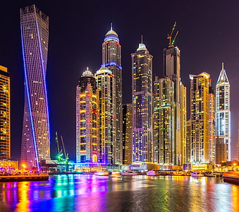 upplysta stadsbyggnader, stad, ljus, färgglada, Dubai, natt, skyskrapor, byggnad, prakt, arabiska emiraten, HD tapet HD wallpaper