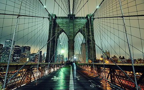 Бруклинский мост, Бруклинский мост, ночь, Нью-Йорк, США, HD обои HD wallpaper
