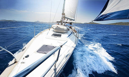 white motorboat, yacht, sea, sailing ship, HD wallpaper HD wallpaper