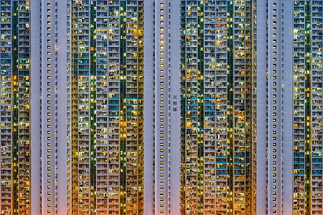 Хонконг, градски пейзаж, залез, подредени, залив, Азия, Китай, апартаменти, небостъргачи, HD тапет HD wallpaper