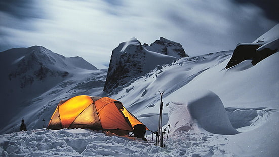 incrível, acampamento, cume, calota de gelo, ártico, inverno, esqui, alpinista, formas de relevo montanhosas, forma de relevo glacial, neve, barraca, aventura, montanha, montanhismo, cadeia de montanhas, HD papel de parede HD wallpaper