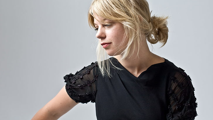women's black V-neck short-sleeved top, basia bulat, girl, dress, blonde, hand, HD wallpaper