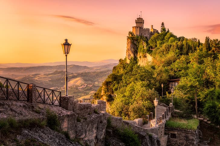road, landscape, mountains, nature, dawn, morning, lights, fortress, San Marino, HD wallpaper