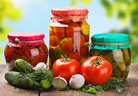 Mehrere Gläser, Gemüse, Dill, Paprika, Banken, Gemüse, Tomaten, Petersilie, Gurken, Knoblauch, Gurken, Säumen, HD-Hintergrundbild HD wallpaper