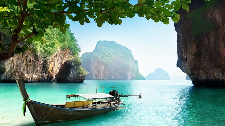 roches, plage, arbres, bateau, bateau, vacances, thaï, eau, île, mer, Thaïlande, Fond d'écran HD