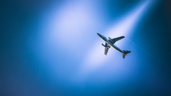 airplane, flying, blue sky, air, HD wallpaper