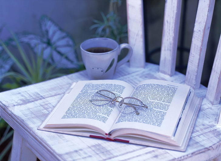 white book and gray framed sunglasses, book, glasses, tea, chair, cup, garden, HD wallpaper
