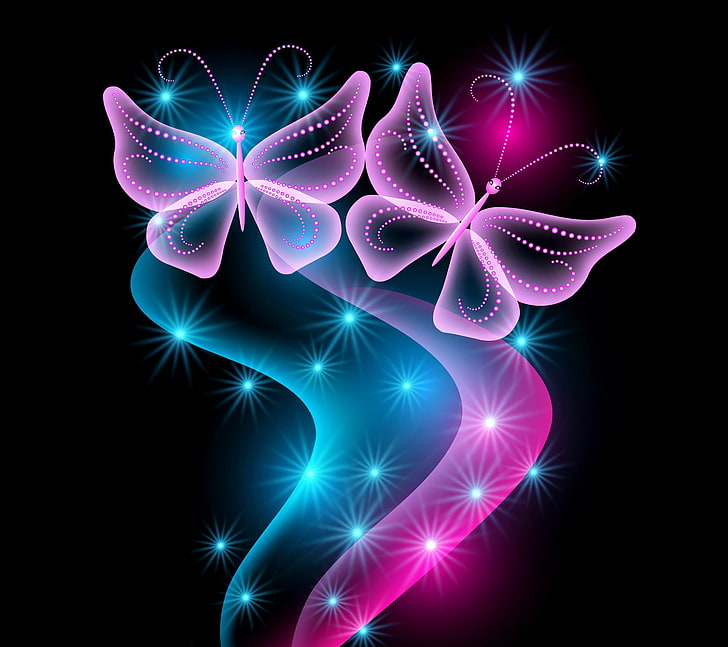 grafika wektorowa różowe i zielone motyle, motyl, streszczenie, niebieski, różowy, blask, neon, blask, motyle, Tapety HD