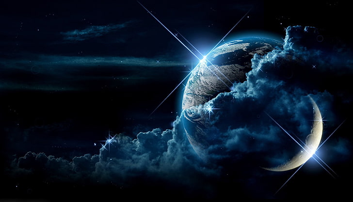 อวกาศดาวดวงจันทร์โลกเมฆศิลปะอวกาศดาวเคราะห์ศิลปะดิจิทัล, วอลล์เปเปอร์ HD